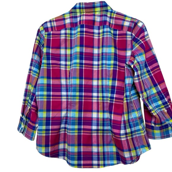 Chaps Womens Plaid Button Down Shirt Multi Color Red Blue 3/4 Sleeve Sz Petite M - Picture 4 of 12